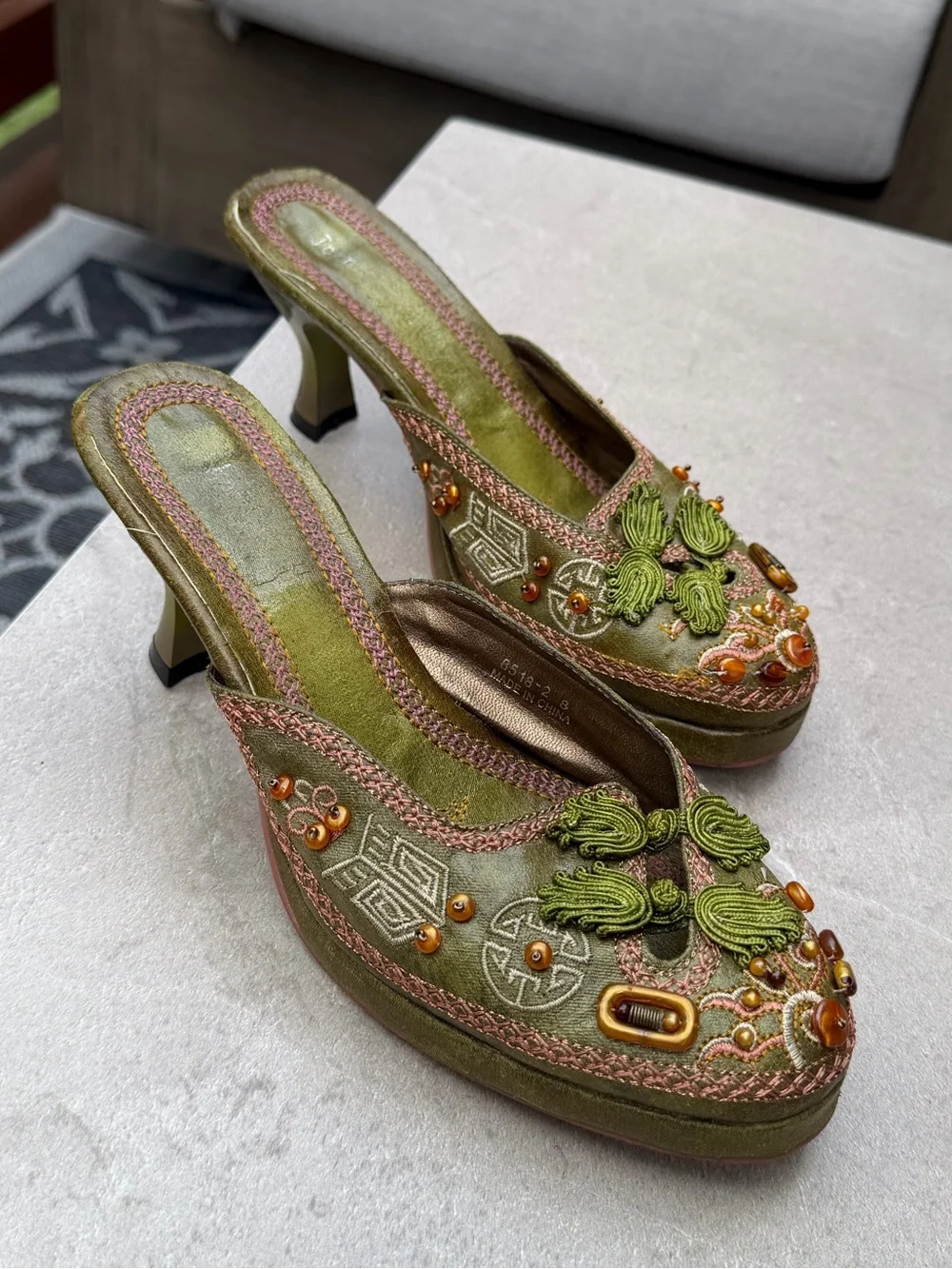 Vintage 90s Y2K Whimsigoth Beaded Embroidered Kitten Heel Mules